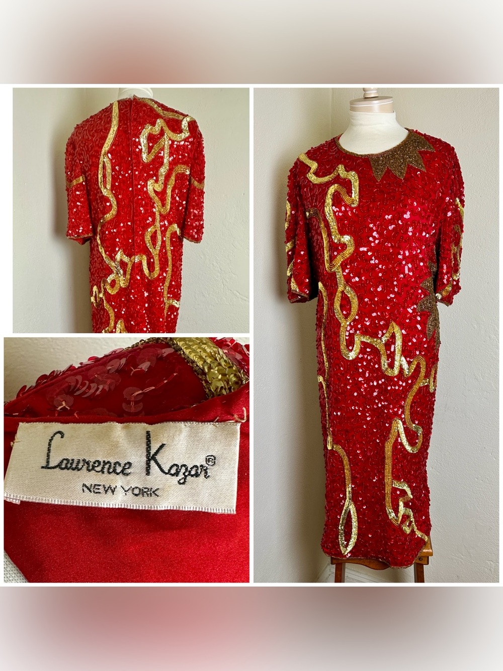 VTG Lawrence Kazar Red Gold Pop Art Sequin Beaded Silk Dress 80s DRAG Cruise XXL